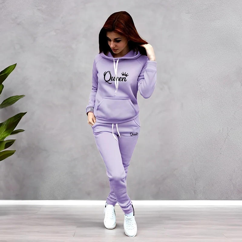 Winter Clothing Women'S - Damen-Trainingsanzug mit Queen-Schriftzug-Druck, Kapuzenpullover-Set, Hochwertige Jogging-Outfits,