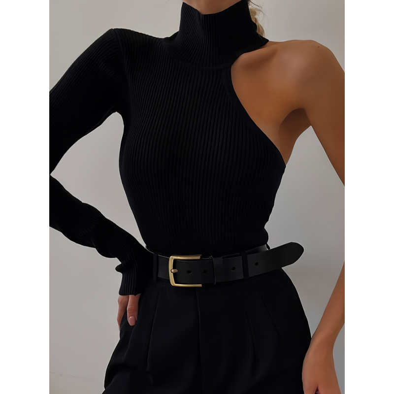 Winter Clothing Women'S - Einfarbiger Asymmetrischer One-Shoulder Gerippter Strick-Langarm-Bodysuit, Sexy