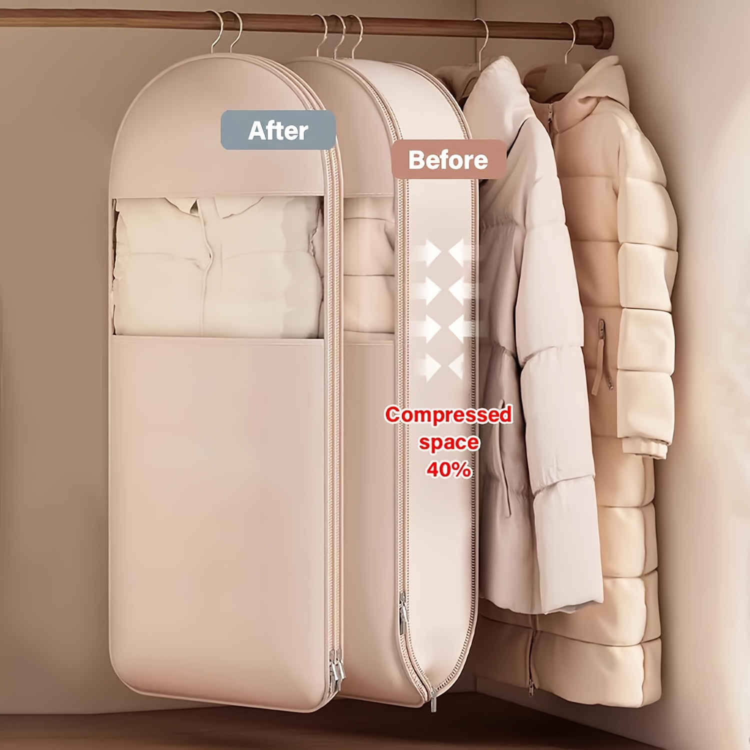 Winter Clothing Organizer - Beigefarbener Kompressions-Hängebeutel, 40 % platzsparende Vakuumverschlussung,